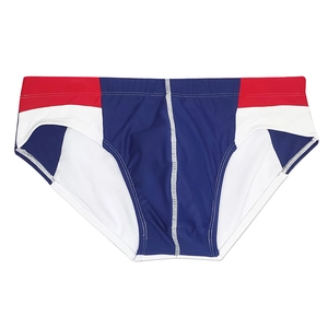 Detail of men's athletic swim briefs showing red, white, and navy tricolor panel design