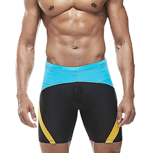 Men's athletic swim shorts with blue waistband, black mesh fabric, and yellow accents