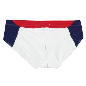 Detail of red waistband and navy blue side panels on men's white sports swim briefs