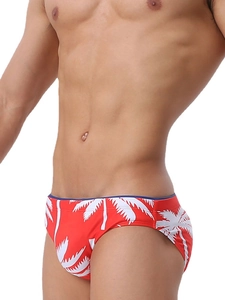 Men's red swim briefs with white palm leaf print and navy trim for beach vacations