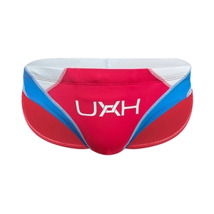 Men's low rise swim briefs in red white and blue color block with UXH logo