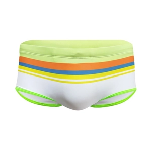 Maillot de bain homme blanc avec rayures colorées et bordures vert fluo sport