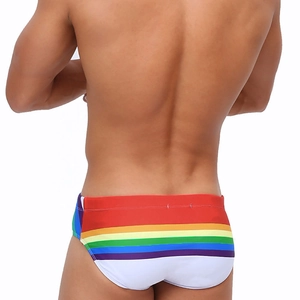 Back view of men's sexy rainbow striped swim trunks in high-elastic quick-dry fabric