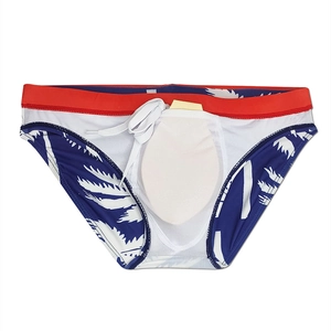 Detailed view of men's swim briefs with palm tree print, inner mesh lining and protective cup