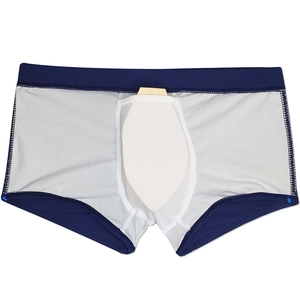 Detail view of double-layer men's swim trunks with breathable mesh lining and U-pouch
