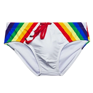 Detailed view of white swim briefs with rainbow stripes and red drawstring with metal tips