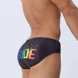 Vue arrière du slip de bain noir avec imprimé arc-en-ciel RIDE et oiseaux