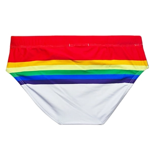 Detailed flat lay of men's quick-dry rainbow striped swim briefs with elastic waistband