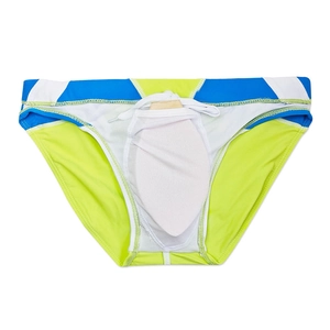 Detail view of men's swim briefs featuring internal mesh pocket and removable protective cup