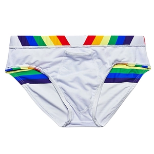 Close-up of men's white quick-dry swim briefs with rainbow side stripes and U-pouch