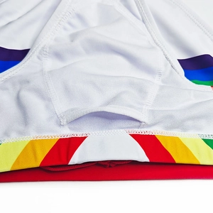 Close-up of white mesh men's swim briefs with rainbow stripes and U-pouch detail