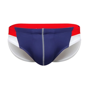 Men's navy blue and red color-block swim briefs with contrast stitching on torso mannequin