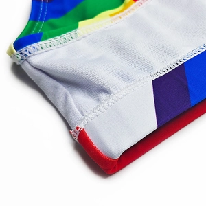 Detail of rainbow striped swimwear featuring breathable mesh lining and reinforced stitching