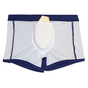 Détail du short de bain pour homme en mesh respirant avec coque de protection bleu et blanc