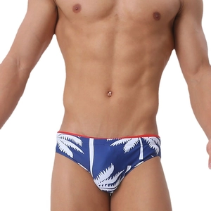 Men's palm leaf print swim briefs in navy blue with red waistband for beach vacations