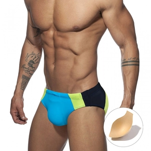 Men's sexy color-block low-rise swim briefs with removable cup in black and neon yellow