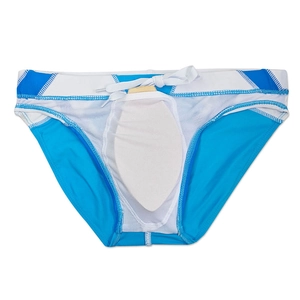 Detail view of blue and white patchwork swim briefs with adjustable drawstring and inner padding
