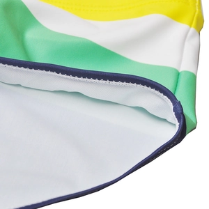 Macro shot of striped swimwear fabric with professional double-needle stitching detail