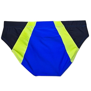 Flat lay of men's swim briefs featuring royal blue and neon green color-block stitching