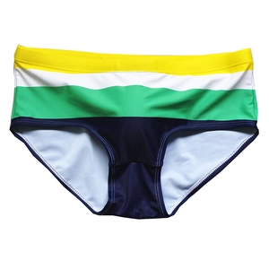 Men's low-rise color block striped swim trunks with yellow, white, green and blue panels