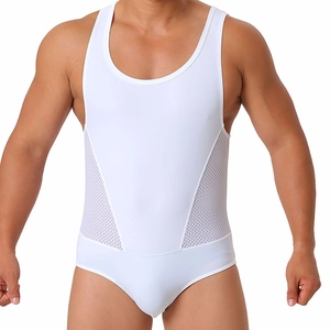 Body blanc extensible pour hommes avec col en U et empiècements en mesh respirant