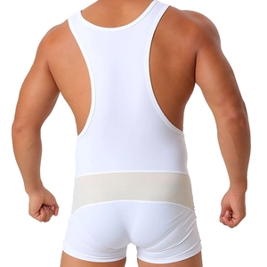 Rückansicht weißer Body für Herren mit beigem elastischem Taillenbund für sportliches Training