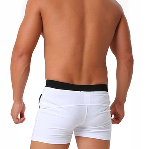 Rear view of men's cotton slim fit boxers with black and white color block design
