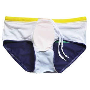 Detail view of men's striped swim trunks featuring U-convex design and drawstring waistband