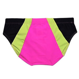 Detailed stitching on men's quick-dry swim briefs with neon pink and green patchwork