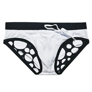 Maillot de bain blanc pour hommes avec taille élastique noire et motifs ajourés latéraux