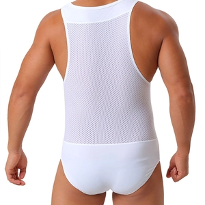 Vue arrière d'un body blanc respirant en maille pour homme avec tissu élastique