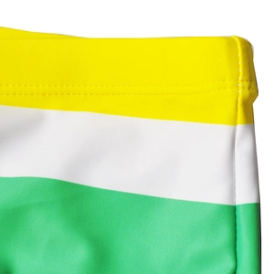 Detailed view of the three-color striped waistband with professional double-needle stitching