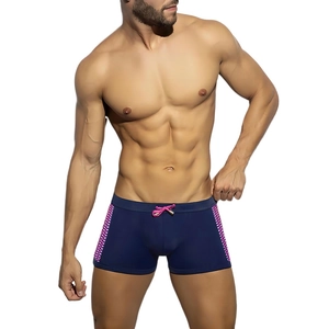 Maillot de bain homme bleu marine avec panneaux à carreaux et cordon de serrage rose