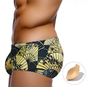 Maillot de Bain pour Homme Impression Numérique Noir Or Design Éventail Japonais Short de Plage à Séchage Rapide Avec Coussinet Amovible