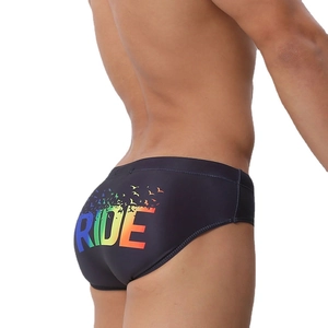 Detailed back view of men's swim briefs featuring colorful RIDE print and bird silhouette