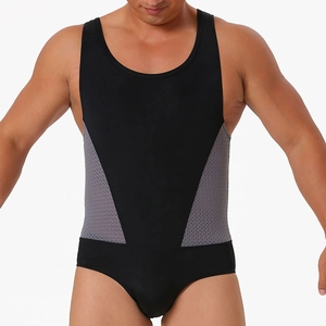 Body de fitness élastique pour hommes en nylon noir avec panneaux latéraux en résille