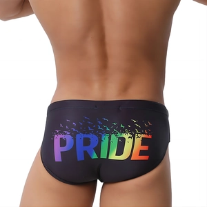 Men's black swim briefs featuring a rainbow Pride print and bird silhouette on the back