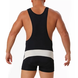 Rückansicht des Herren Ringer-Singlet mit schwarz-weißem Colorblock-Design und Riemen