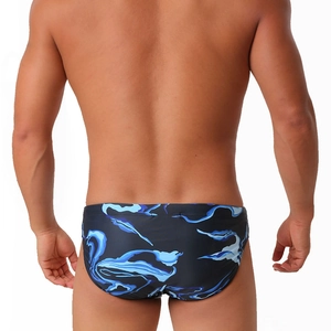 Rear view of men's athletic swim briefs with blue marble patterns and ergonomic fit