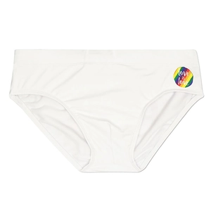 Macro shot of white men's swim briefs featuring love is love rainbow logo and wide waistband