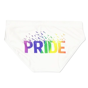 Detail of white quick-dry swim briefs with rainbow PRIDE text and flying birds design