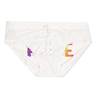 Close-up of quick-dry men's white swim briefs with drawstring and rainbow PRIDE print