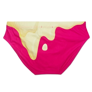 Detail of men's swim briefs featuring vibrant pink and yellow gradient liquid drip pattern