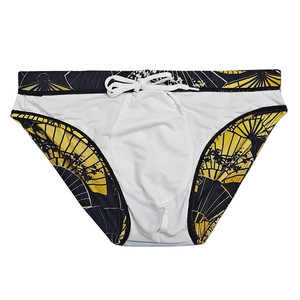 Detail of men's swim briefs with folding fan prints and adjustable white waist drawstrings
