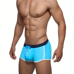 Men's sky blue square leg swim trunks with navy waist and white curved piping
