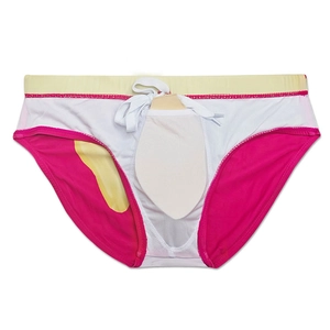 Detail of men's swim briefs featuring colorful gradient print and removable contour pad