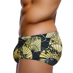Men's quick-dry swim trunks with vintage black and gold Japanese fan and plum blossom print