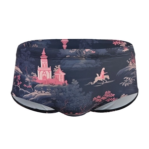 Men's low waist swim trunks with deep blue Japanese scenic landscape print and drawstring