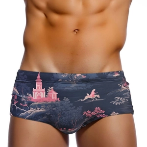 Men's sexy blue swim trunks with pink pagoda and horse print for beach vacation