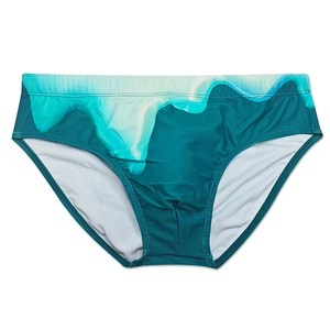 Close-up of men's swimming briefs with blue gradient liquid print and elastic fabric